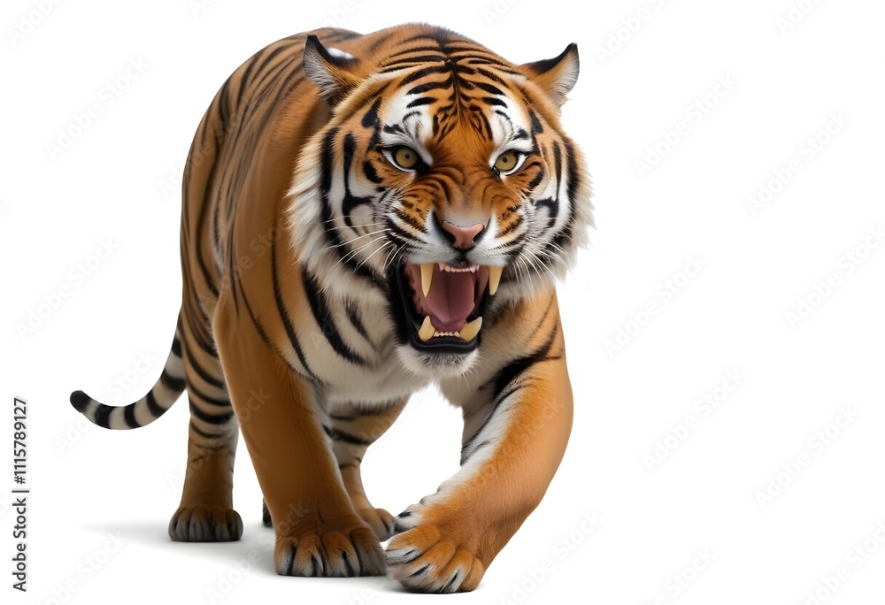 Obraz premium A fierce adult male Bengal tiger with orange and black striped fur, baring its sharp teeth in an aggressive snarl, standing on a plain white background