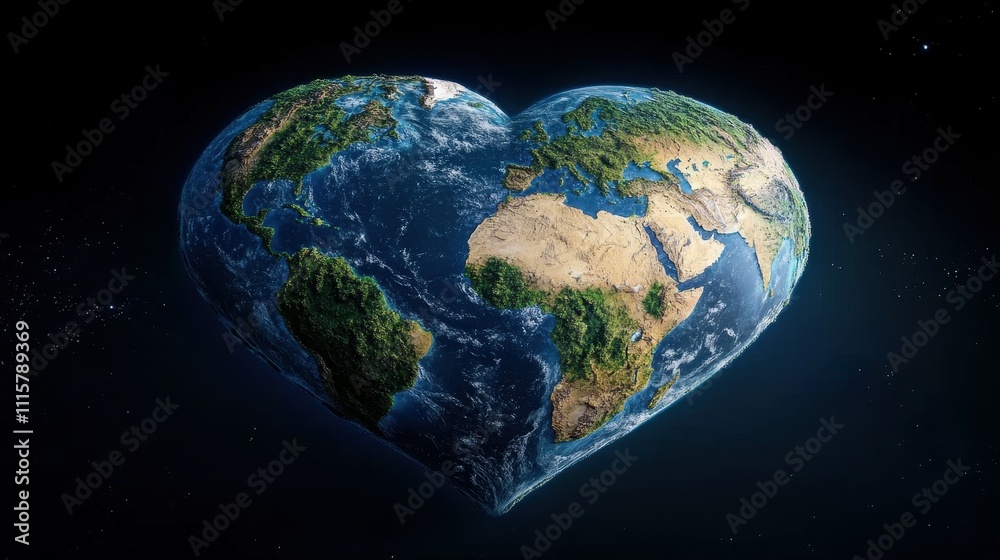 Fototapeta premium A heart-shaped representation of Earth floats in the vastness of space, highlighting the natural beauty and interconnectedness of continents, oceans, and ecosystems