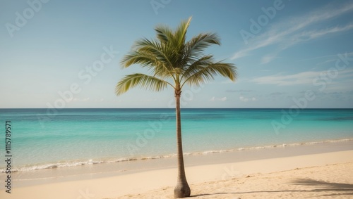 Tropical beach with palm tree and turquoise ocean.