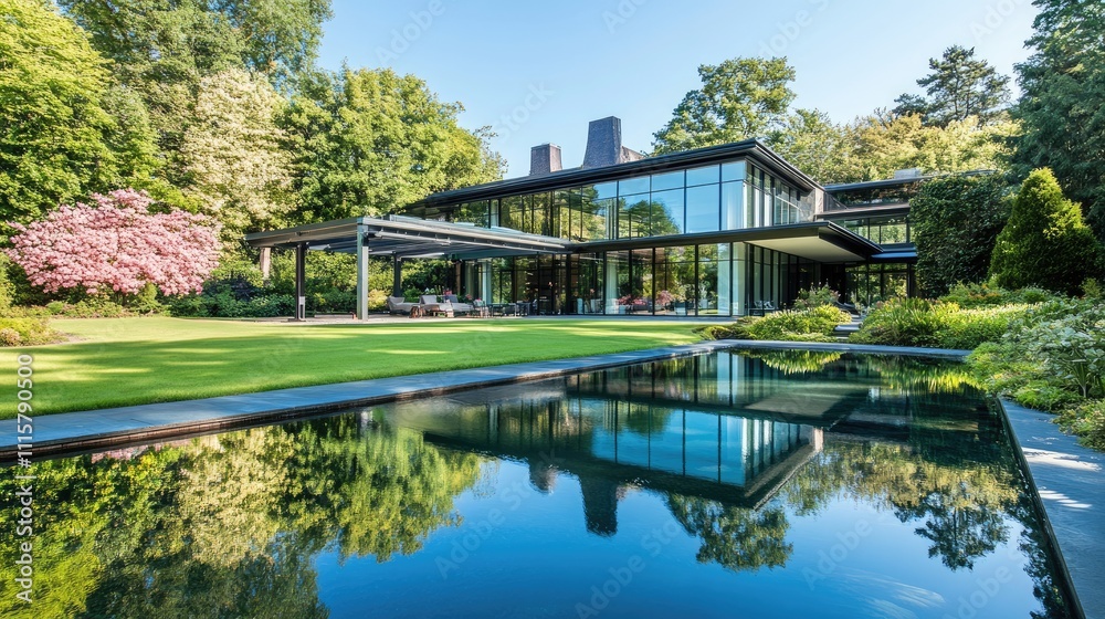 Fototapeta premium Modern house with pool and garden reflecting in water.