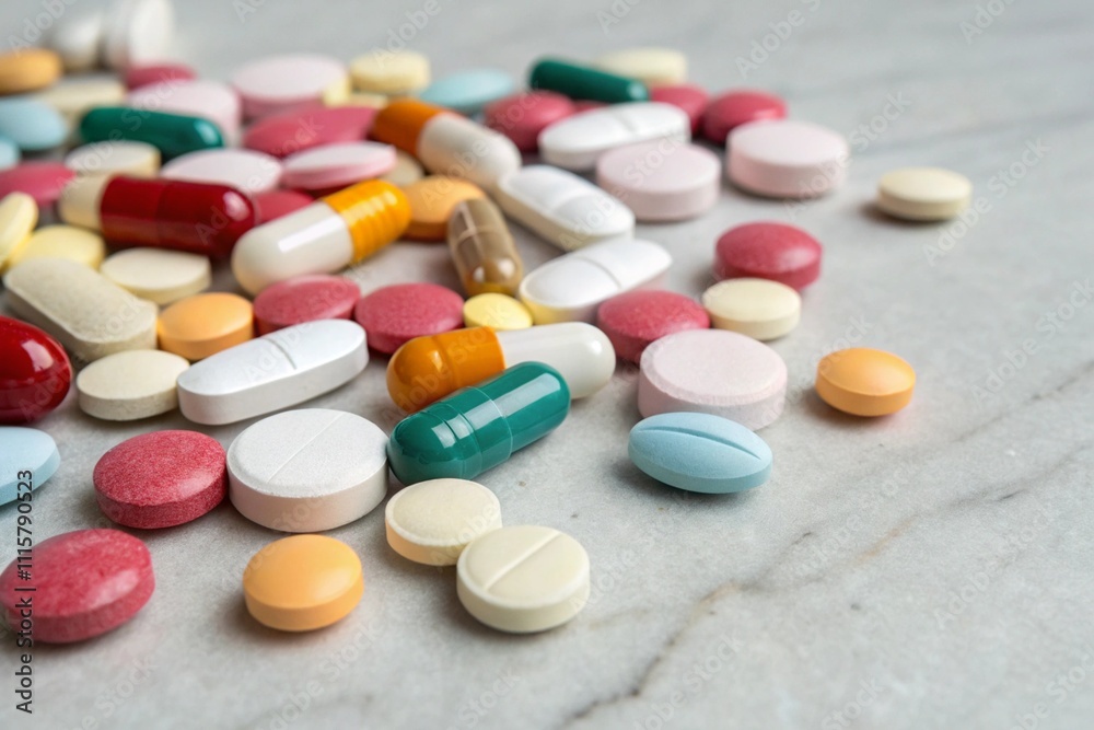 Colorful Pills and Capsules Scattered on Smooth Stone Background Colorful Pills and Capsules Scattered on Smooth Stone Background
