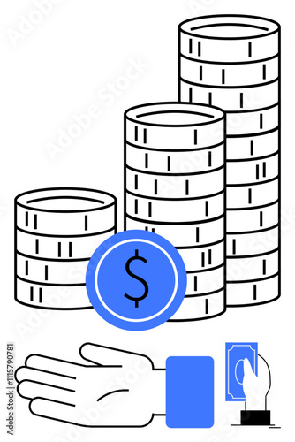 Stacked coins, a hand with a blue sleeve, and a hand holding cash. Ideal for financial themes, banking, investment, economy, saving wealth payment. Line metaphor
