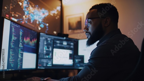 Professional man in a tech-savvy workspace, utilizing smart gadgets, multiple screens, and an interactive whiteboard for projects