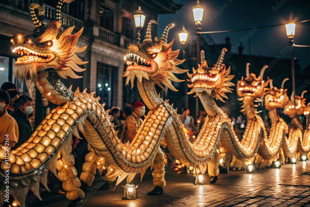 Obraz premium A popular bright show during the Chinese New Year. A close-up photo of a Chinese dragon.