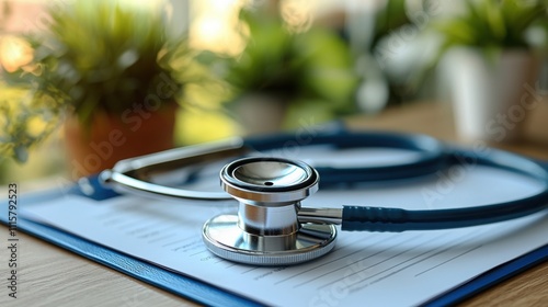 A stethoscope rests on a clipboard with a blurred background of green plants, creating a peaceful and inviting medical setting. photo