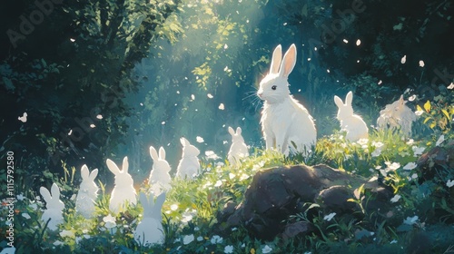 A mother rabbit sits with her young bunnies in a magical forest clearing, surrounded by white flowers and glowing light.