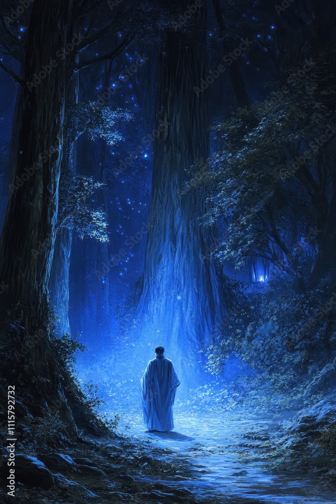 Fototapeta premium Enchanted Nighttime Forest with a Silhouetted Figure