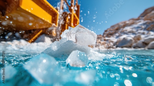 Chunks of ice splash energetically into turquoise water, set against the backdrop of a vibrant yellow structure and sunny skies, capturing the essence of motion and contrast. photo