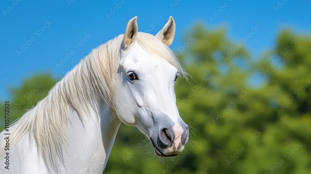 Obraz premium Majestic White Andalusian Stallion Horse Portrait Summer Outdoors