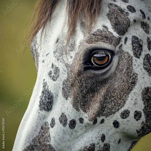 The striking eye of an Appaloosa horse captures the essence of nature, highlighting its unique coat patterns while standing gracefully in a lush green meadow photo