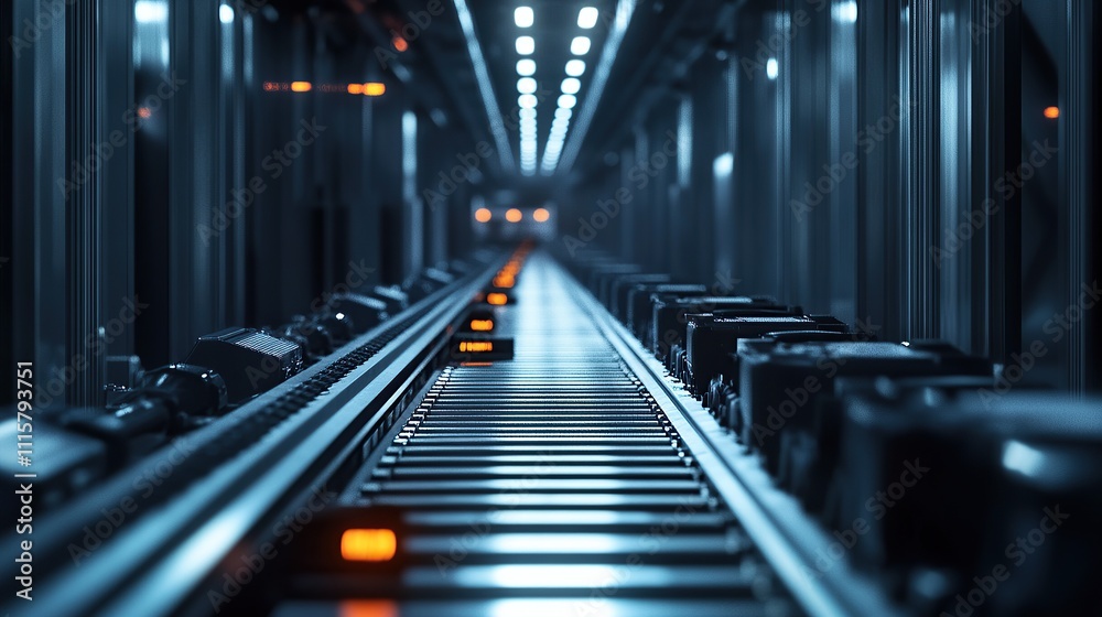 Fototapeta premium A conveyor system in a modern industrial setting with blue lighting.