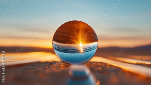 A clear crystal sphere captures a stunning sunset, encapsulating themes of clarity, focus, and reflection, invoking a sense of tranquility and enlightenment. photo