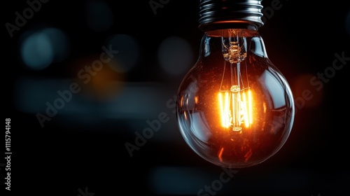 A classic incandescent light bulb glows warmly in a dim environment, suggesting ideas, innovation, and illumination, with a nostalgic nod to the past. photo