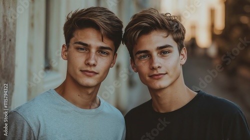 Stylish twin young men in casual t-shirts posing against blurred urban background. Natural daylight portrait capturing brotherly connection with matching modern hairstyles and genuine smiles