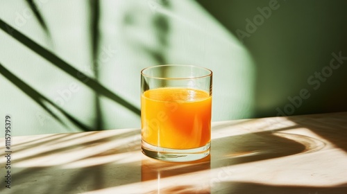 An inviting glass of orange juice basks in a sunbeam, with shadows dancing around it, creating a warm, energizing atmosphere full of morning optimism. photo