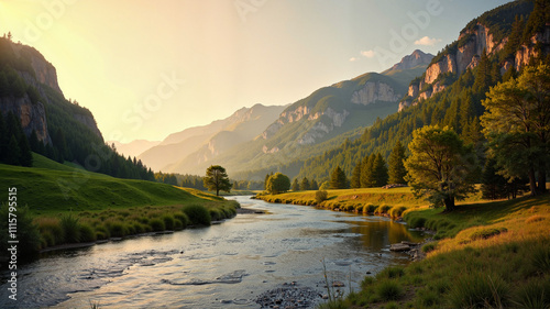 Scenic river valley with sunlight symbolizing peace and harmony photo