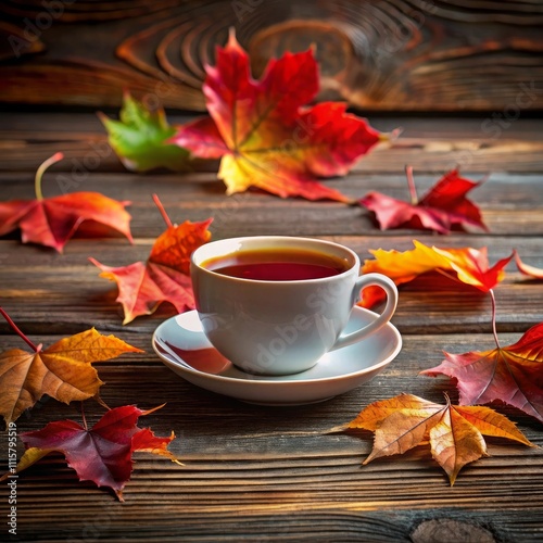 A white cup of tea sits on a table with autumn leaves