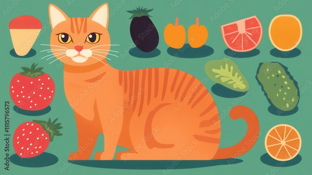Fototapeta premium A bright illustration featuring a playful orange cat surrounded by various colorful fruits and an ice cream cone.