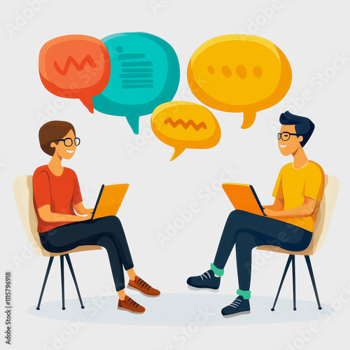 Two Engaged Individuals Having a Conversation with Laptops and Colorful Speech Bubbles in a Minimalistic Digital Environment