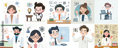 Vector Set of a Physicist in a Simple Flat Design Style