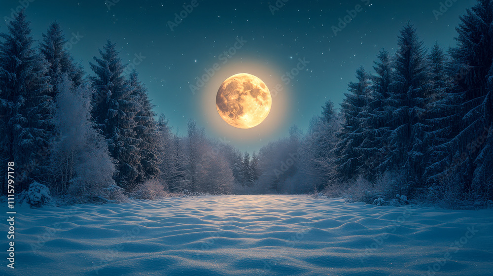 Fototapeta premium Moonlit winter landscape, a snow-covered forest with the trees glistening in the moonlight