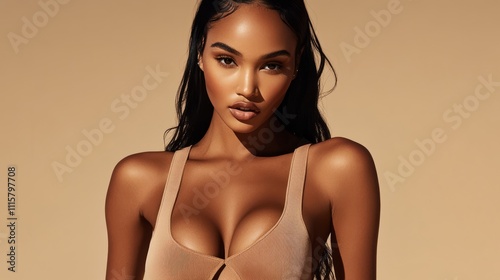 Black African female model, dark hair, wearing flesh colored overalls, beige, coffee, camel, camel solid color gradient background
