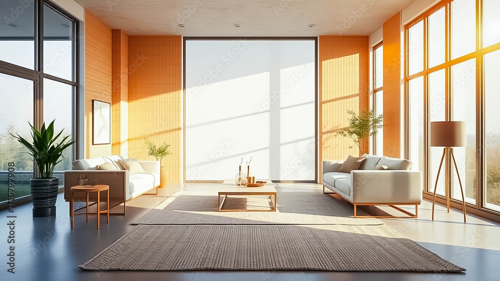 Fototapeta premium Serene Minimalist Living Room Design with Sunlight Streaming Through Large Windows and Natural Decor