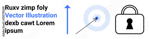 Arrow pointing upwards, bullseye target with central hit, and lock icon. Ideal for business strategy, goal setting, cybersecurity, data protection, personal development guidance precision. Landing