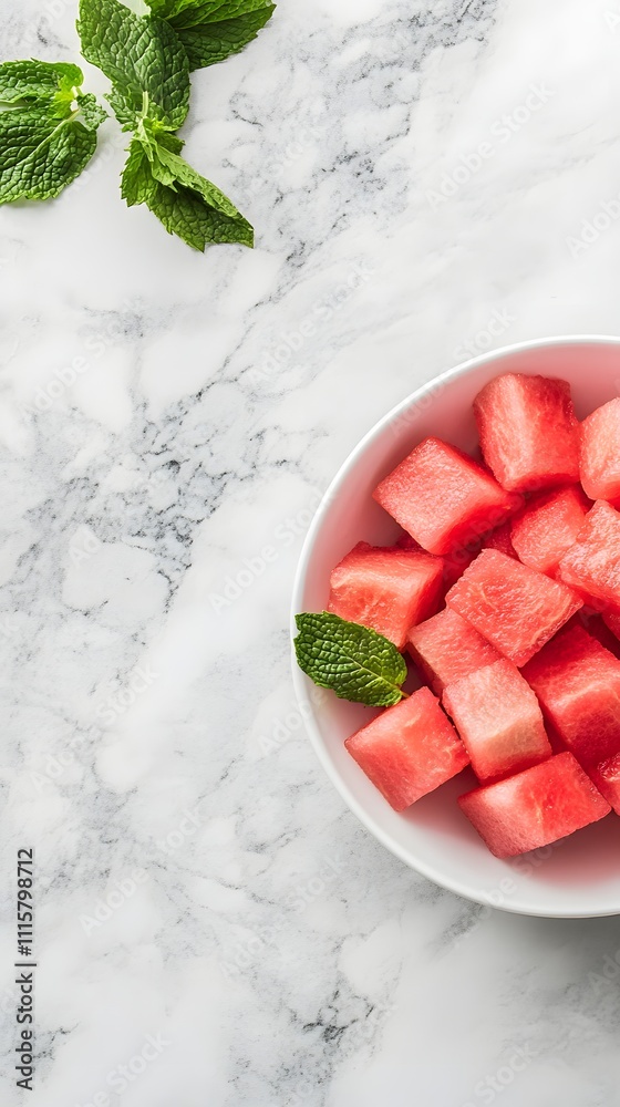 A refreshing bowl of watermelon cubes with mint leaves, placed on a clean background with ample room for text A refreshing bowl of watermelon cubes with mint leaves, placed on a clean background with ample room for text