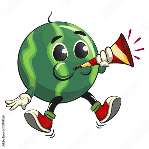 cute watermelon cartoon character blow the party horn trumpet, watermelon mascot cute cartoon characters for icon, mascot, logo, label, poster, banner, print, sticker, clip art