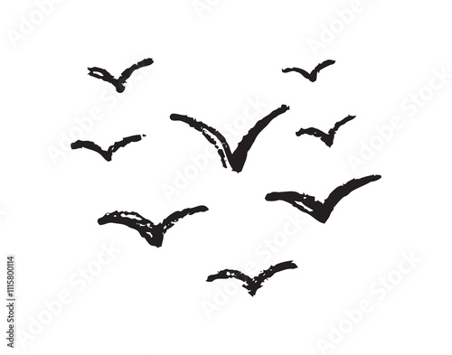 Birds flying line in the sky set. Ink grunge flock of birds afar brush hand drawn. markers and crayons