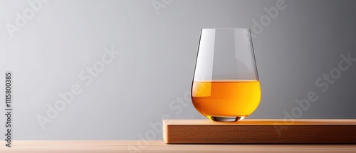 [Home Bar Glassware NonAlcoholic] Single Malt Whisky Glass on Wooden Surface with Bar Tool and Amber Liquor photo