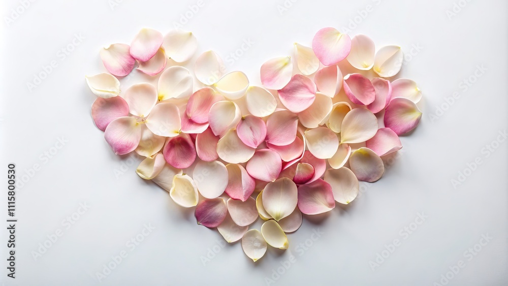 Obraz premium Elegant Arrangement of Two Rose Petals Forming a Heart Shape on a White Background with Ample Copy Space for Romantic or Floral Themes