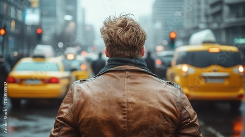 A person in a brown coat stands dreamily amidst the fluidity of moving yellow taxis on a congested city street, illustrating life’s onward flow. photo