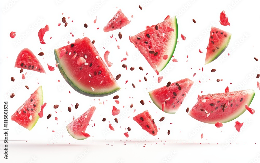 Fototapeta premium Flying pieces of watermelon with seeds, juicy and vibrant, isolated on white background