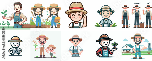 Vector Set of a Farmer in a Simple Flat Design Style