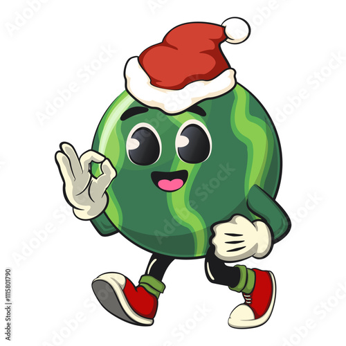 cute watermelon cartoon character walking while wearing a Santa hat calm, watermelon mascot cute cartoon characters for icon, mascot, logo, label, poster, banner, print, sticker, clip art
