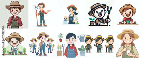 Vector Set of a Farmer in a Simple Flat Design Style