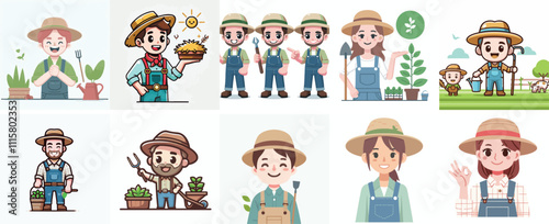 Vector Set of a Farmer in a Simple Flat Design Style