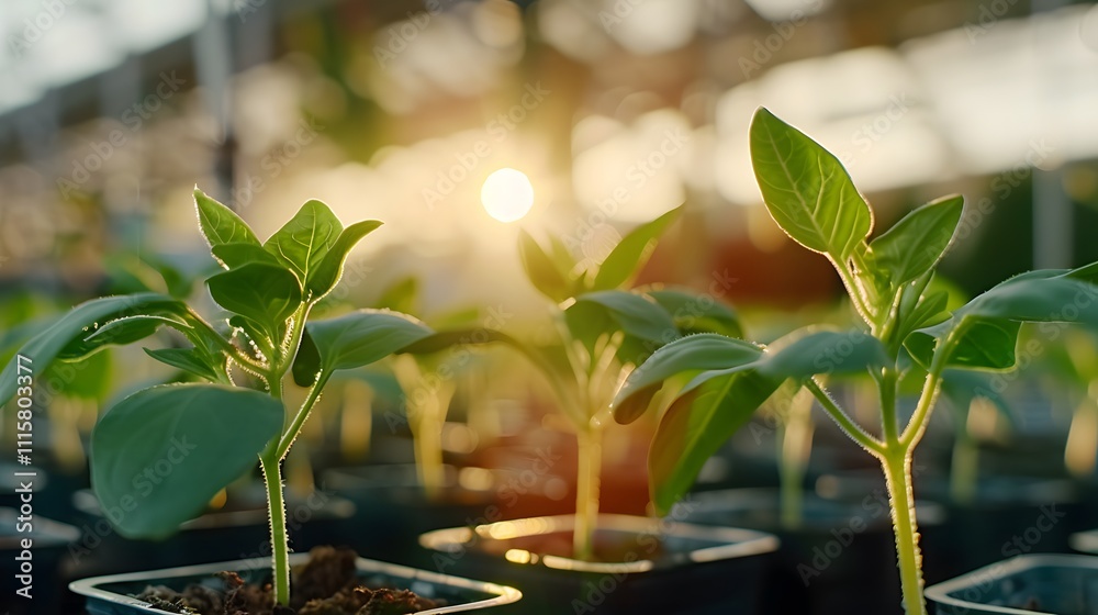Sustainable greenhouse with hydroponics energizing urban agriculture at sunrise Sustainable greenhouse with hydroponics energizing urban agriculture at sunrise