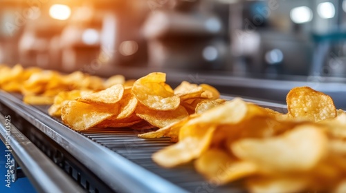 Potato chips move steadily along a conveyor belt in a snack factory, illustrating the seamless integration of technology in modern food production. photo