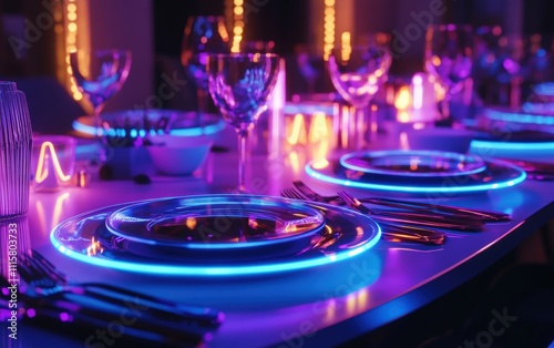 Wallpaper Mural Futuristic Holiday Feast A holiday dining table set with self-heating smart plates, holographic centerpieces, and glowing futuristic cutlery, blending festivity with innovation. Torontodigital.ca