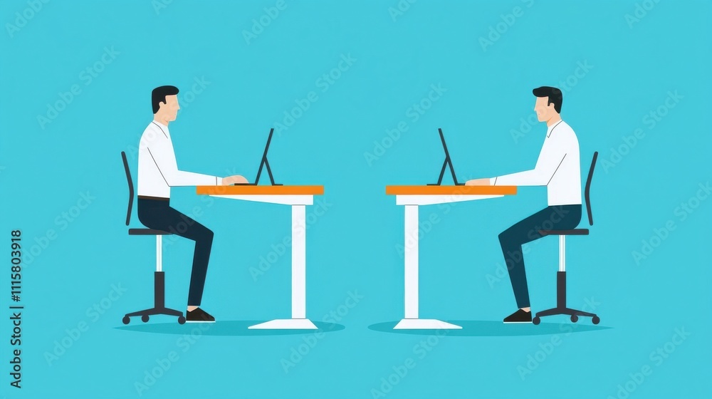 Two Business Professionals Engaged in Remote Work at Desks with Laptops in a Bright and Modern Setting, Representing Collaboration and Productivity Two Business Professionals Engaged in Remote Work at Desks with Laptops in a Bright and Modern Setting, Representing Collaboration and Productivity