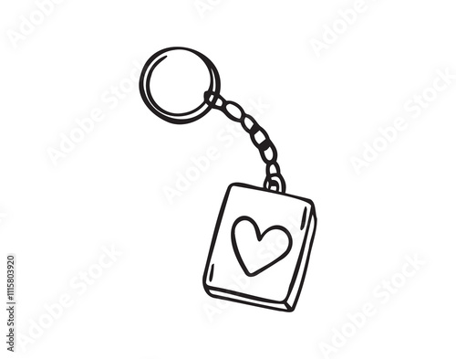 Keychain with love heart hand drawn doodle symbol, outline drawing keychain heart