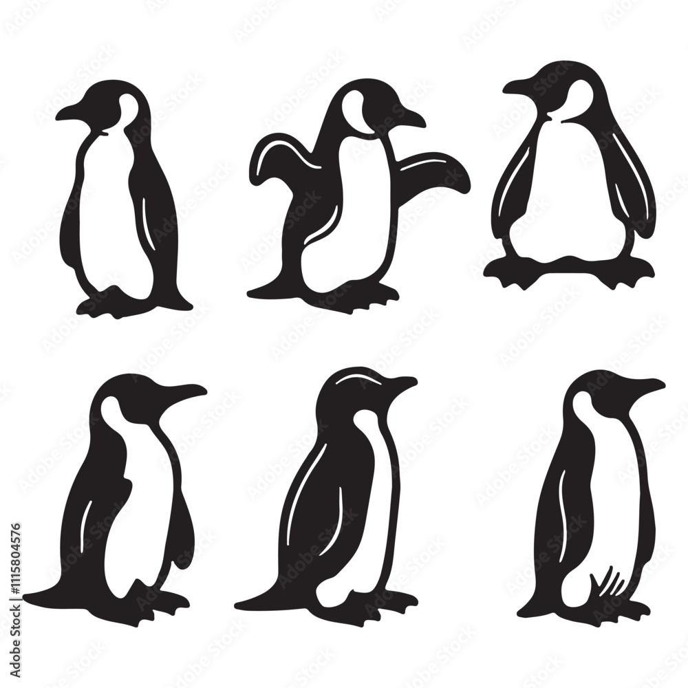 Obraz premium silhouettes of penguins in various poses, black and white minimal animal illustrations for graphic design and creative projects