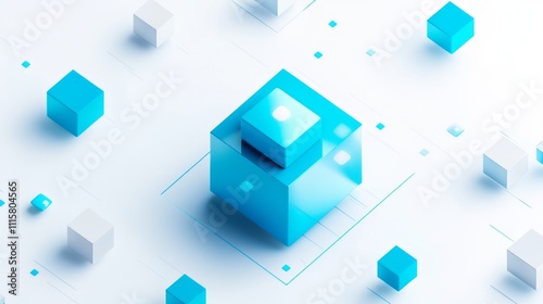 Abstract 3D rendering of blue and white cubes, showcasing connection and network concepts.