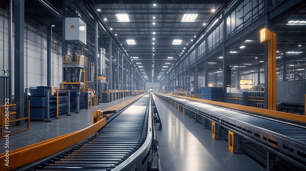A modern industrial warehouse with conveyor belts and organized storage. A modern industrial warehouse with conveyor belts and organized storage.