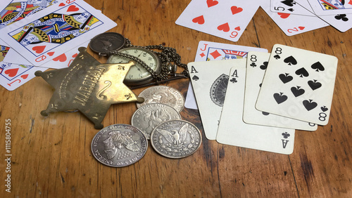 Dead man's hand . Aces and two Eights, named after Wild Bill Hickok who was killed with it in 1876	
 photo