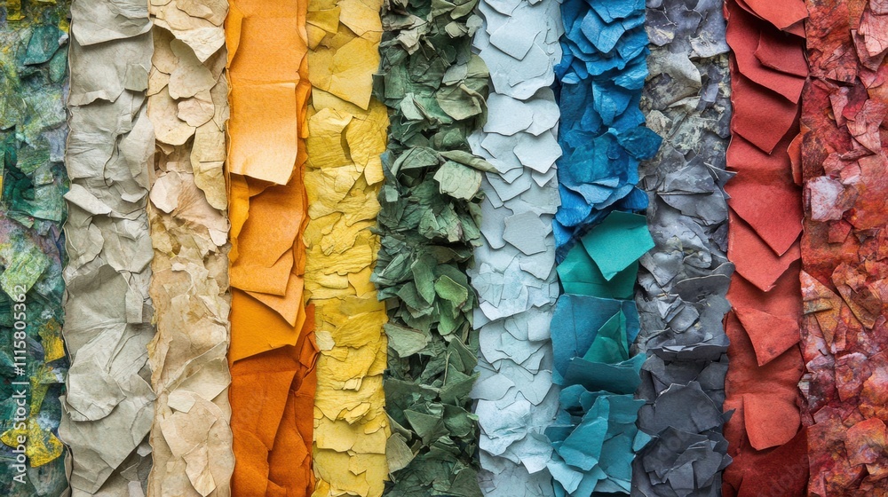 Art made from recycled paper materials, including various textures and colors Art made from recycled paper materials, including various textures and colors