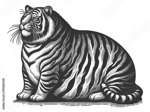Fat chubby tiger with bold stripes and a playful demeanor, blending humor and artistic detail sketch engraving generative ai vector illustration. Scratch board imitation. Black and white image.